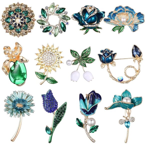 12 Pcs Women Brooches Bulk Set Rhinestone Pin Crystal Vintage Christmas Brooch R